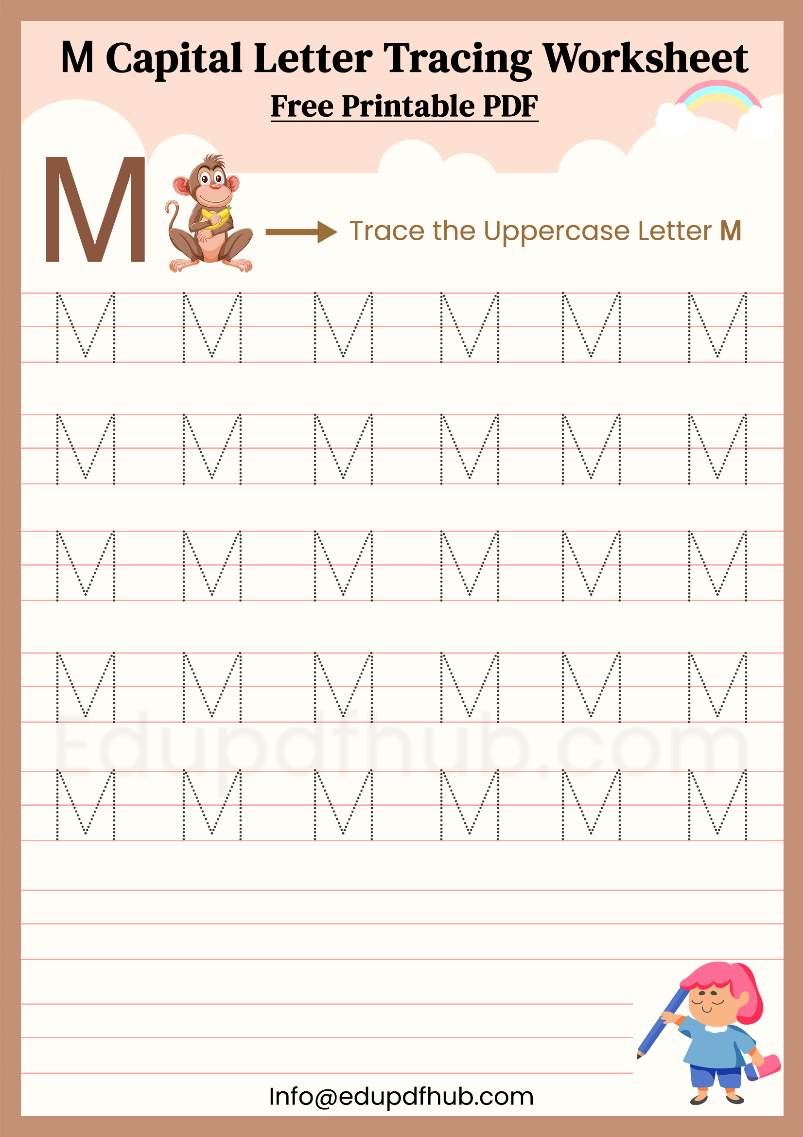 M Capital Letter Tracing Worksheet Printable PDF for Kids